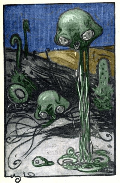 M. Dudouyt illusztrációja H. G. Wells (1866-1946) „A világok háborúja” című regényéhez; a Mars bolygó lakóinak ábrázolása. alkotó: Charles Dudouyt