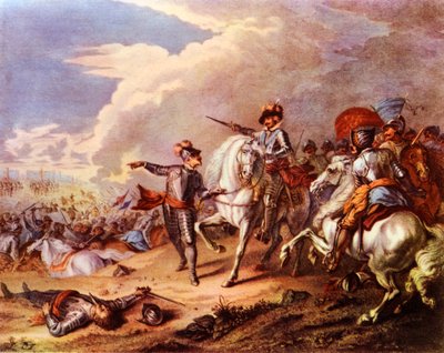 Az 1645-ös naseby-i csata, C.W. Wedgewood "Battlefields in Britain" című műve. alkotó: Charles Dupuis