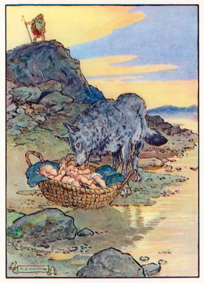 "Faustulus, a király pásztora, véletlenül arra járt, és látta, hogy a nő a nyelvével nyalogatja őket" (színes litográfia). alkotó: Charles Edmund (after) Brock