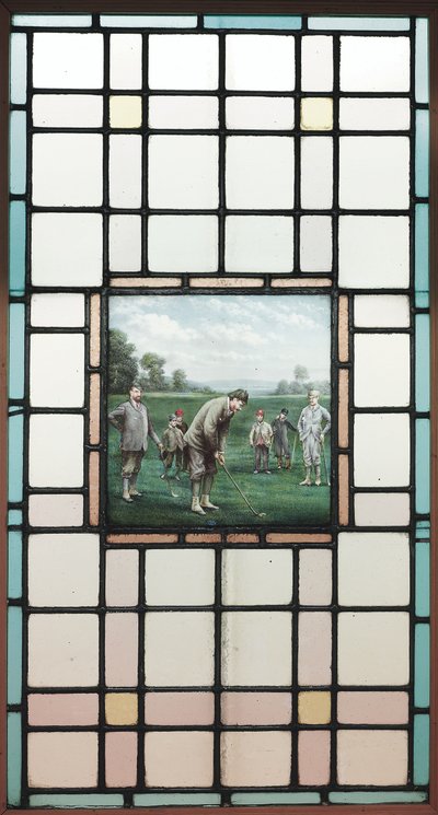 Egy késő viktoriánus ólomüveg ablak a golfozókkal, c. 1890 alkotó: Charles Edmund Brock