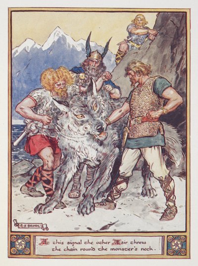 – Erre a jelre a másik Esir a láncot a szörny nyakába dobta. Tyr megfogadja a kezét, hogy megláncolja a Fenrirt, a farkast, illusztrációja az „Asgard hősei” című könyvből, Annie Keary, kiad. 1930 (színes litó) alkotó: Charles Edmund Brock