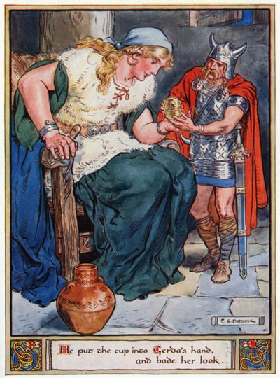 „Gerda kezébe tette a csészét, és ránézett” – illusztráció: „Asgard hősei, mesék a skandináv mitológiából”, A und E Keary, 1930 alkotó: Charles Edmund Brock