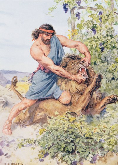„Megfogta az oroszlánt és darabokra tépte”, illusztráció a „Biblián keresztül”, Venture Publishing, 1928 alkotó: Charles Edmund Brock