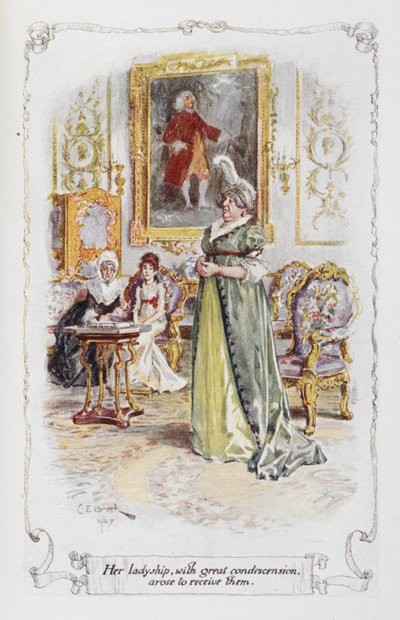 Hölgye nagy leereszkedéssel fogadta őket, illusztrációja Jane Austen „Büszkeség és balítélet” című művéből (színes litó) alkotó: Charles Edmund Brock