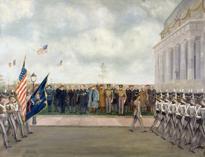 Joffre marsall washingtoni kiküldetésben West Point diákjait vizsgálja, 1917 tavaszán Charles Edmund Brock (1870-1938), első világháború, Egyesült Államok, XX. század alkotó: Charles Edmund Brock