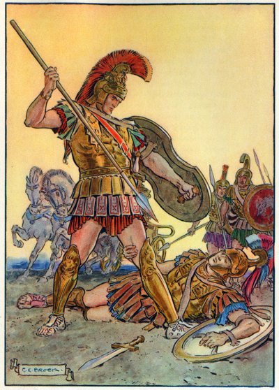 Hector halála, a „Gyermekóra: Történetek a klasszikusokból” című könyvből, a Waverley Book Company kiadása alkotó: Charles Edmund Brock