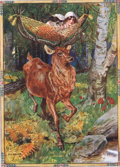Moses Gaster (1856-1939) Gyermektörténetek a román legendákból című szarvasbika selyem függőágyával, 1921 alkotó: Charles Edmund Brock