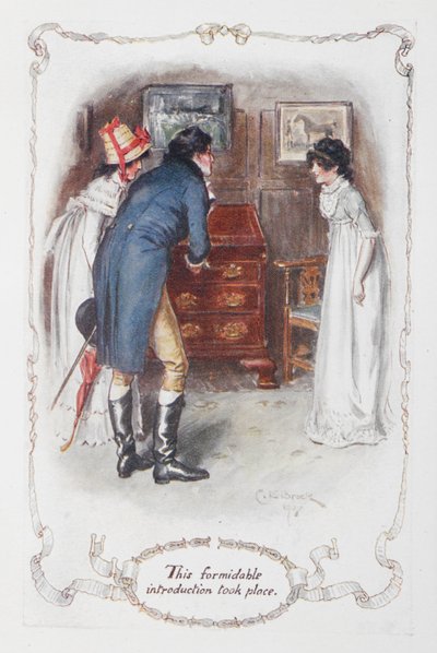 Megtörtént ez a félelmetes bemutatkozás”, Georgina Darcy és testvére, Fitzwilliam Darcy Elizabeth Bennet-vel, Jane Austen „Büszkeség és balítélet” című művének illusztrációja alkotó: Charles Edmund Brock