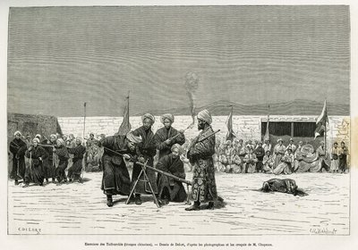 Gyakorlatok a kínai hadsereg által felfegyverzett és kiképzett csapatok Taifourchi sáncpuskáinak manipulálására, Delort rajza egy kacsgari (vagy Kashiban, Kínában) 1873-74-es angol nagykövetség emlékeinek illusztrálására, Mr. Chapman és Gordon által. Metsz alkotó: Charles Edouard Delort