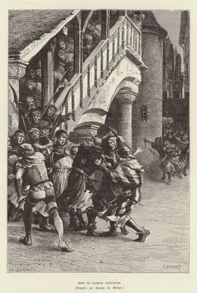 Mort de Jacques Artevelde. Jacob van Artevelde flamand kereskedő és politikai vezető meghalt egy csőcselék keze által, Gentben alkotó: Charles Edouard Delort