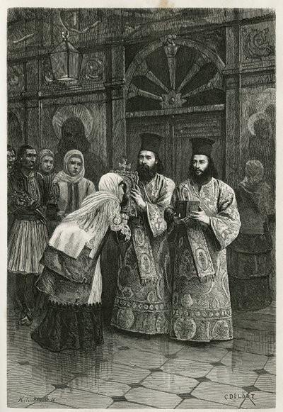 Pritres csókot ad a szentképekre, Ch.Delort metszet, Henri Belle 1861-es, 1868-as és 1874-es görögországi utazásának illusztrálására, a tour du monde-ban, Edouard Charton irányítása alatt. alkotó: Charles Edouard Delort