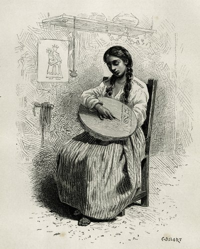 A hímző Salentoban, Quindio régióban (Kolumbia), metszet Ch.Delort, hogy illusztrálja E.Andre Amerika Equinoxiale történetét, a francia kormány küldetése, megjelent a tour du monde-ban, Edouard irányítása alatt Charto alkotó: Charles Edouard Delort