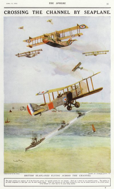 Brit hidroplánok repülnek át a La Manche csatornán (színes litho) alkotó: Charles Edward (after) Dixon