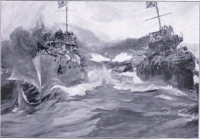 Pusztítók harca, illusztráció: Cassells Az orosz-japán háború története, 1. kötet, 1900 körül alkotó: Charles Edward Dixon