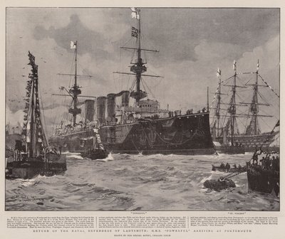Ladysmith haditengerészeti védőinek visszatérése, a HMS Powerful megérkezik Portsmouthba alkotó: Charles Edward Dixon