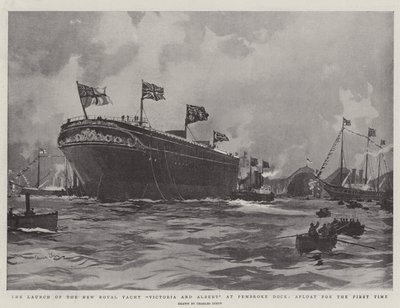 Az új Victoria and Albert királyi jacht felbocsátása a Pembroke Docknál, először vízen alkotó: Charles Edward Dixon