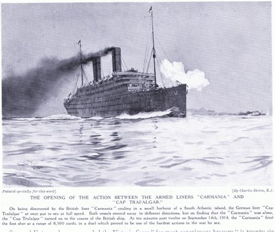 A nyitóakció a Carmania és a Cap Trafalgar fegyveres hajók között, Dél-Atlanti-óceánon, 1915. szeptember alkotó: Charles Edward Dixon