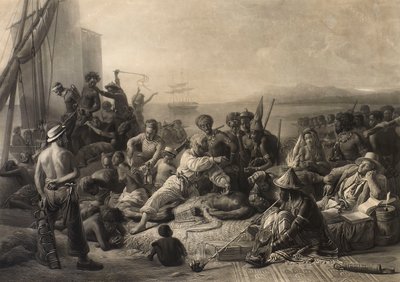 "Jelenet Afrika partjainál": rabszolgák és rabszolgatartók várják a külföldre szállítást. alkotó: Charles Edward Wagstaff