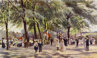 Londoni Állatkert: Broad Walk, elefántokkal (színes litho) alkotó: Charles Edwin Flower