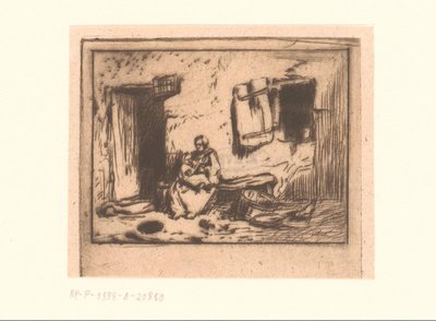 Nő gyermekkel egy padon a homlokzat ellen alkotó: Charles Emile Jacque (attributed to)