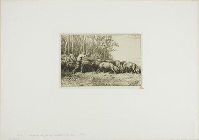 Sertéscsorda jön ki egy erdőből alkotó: Charles Emile Jacque