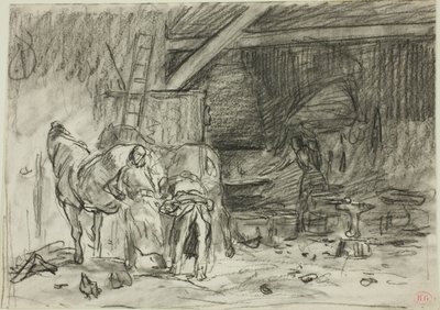 Egy kovácsműhely belseje (recto); Férfi lehajolva, olvasásból (verso) alkotó: Charles Emile Jacque