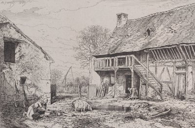 Parasztudvar tája, 1845. alkotó: Charles Emile Jacque