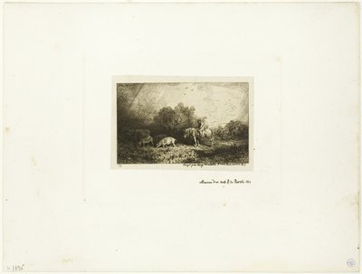Tájkép lovas emberrel, disznókkal és tehénnel alkotó: Charles Emile Jacque