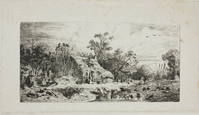 Táj nádfedeles kunyhókkal alkotó: Charles Emile Jacque