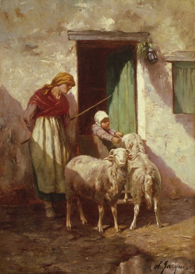 Pásztorlány egy gyerekkel és két báránnyal alkotó: Charles Emile Jacque