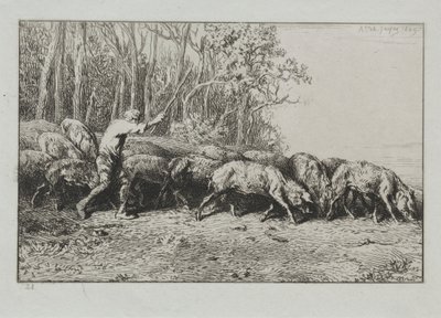 Pórusok csordája jön ki a fából. alkotó: Charles Emile Jacque