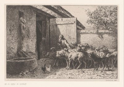 Nő vezeti a juhokat az istállóba Bergerie alkotó: Charles Emile Jacque