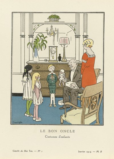 A jó bácsi. Gyermek jelmezek a La Gazette du Bon Ton kocsmából. 1914 (sablonnyomat) alkotó: Charles Emile called Carlegle Egli