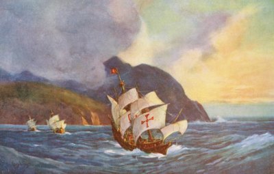 Vasco da Gama megkerüli a Jóreménység-fokot (színes litográfia) alkotó: Charles Ernest Peers