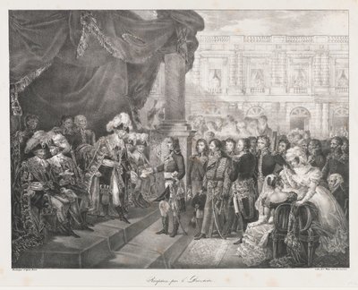 Fogadás a Direktornál, 19. eleje század (litho) alkotó: Charles Etienne Pierre Motte