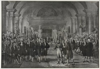 Bonaparte Napóleon fogadása az Intézetben, fizika-matematika osztály, mechanikus művészetek szekciója december 25-én alkotó: Charles Etienne Pierre Motte