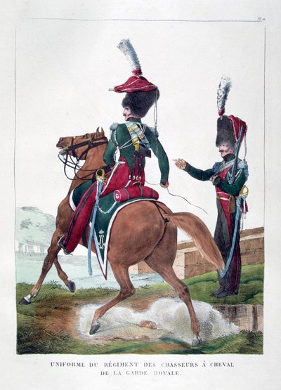 A francia királyi gárda lovas hajtó ezredének egyenruhája, 1823. alkotó: Charles Etienne Pierre Motte