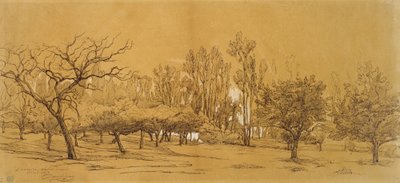 Kilátás a Saint-Denis-i gyümölcsösre (toll és fekete tinta, fehér testszínnel kiemelve és fekete krétával vagy faszénnel megérintve, merev, törtfehér papíron) alkotó: Charles Francois Daubigny