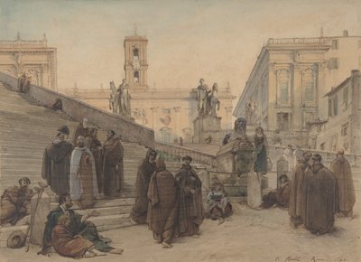 A Campidoglio az Aracoeli-templom lépcsőházából, Rómában, naplementekor, 1846. alkotó: Charles Francois Houel