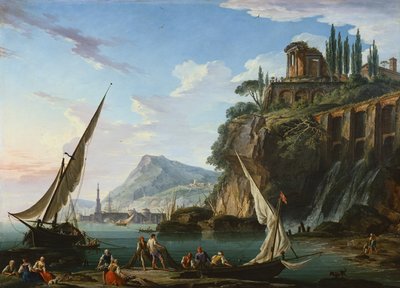 Tengerparti jelenet Szibila templomával, Tivoli (festmény) alkotó: Charles Francois Lacroix de Marseille
