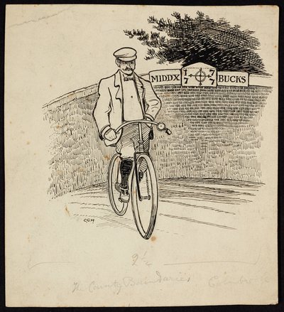 Egy férfi kerékpáron a Middlesex és Buckinghamshire közötti megyehatárt jelző tábla előtt alkotó: Charles George Harper