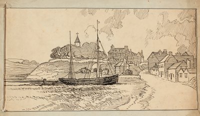 Egy vitorlás a tengerparton apálykor, egy falu felé vezető sáv mellett alkotó: Charles George Harper