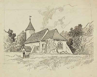Egy azonosítatlan templom külső képe (toll és tinta papíron) alkotó: Charles George Harper