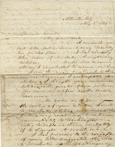 C. Gibson [Charles Gibson], Atlantic City aláírt levele Gamble kormányzóhoz [Hamilton R. Gamble], 1861. augusztus 2. alkotó: Charles Gibson