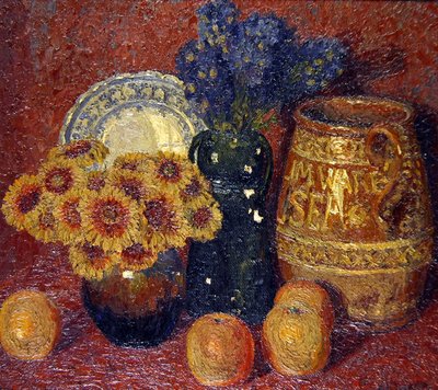 Csendélet - Virágok, kerámia és alma (olaj, vászon) alkotó: Charles Ginner