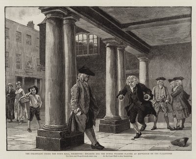 Az oszlopcsarnok a városháza alatt, Rochester, Hogarth és a többi zarándok, aki a Hopscotchban játszik a Flagstones-on alkotó: Charles Green