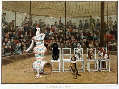 A tanult kutyák: cirkuszi jelenet bohóccal és kutyákkal - Charles Green nyomán, angol kromo 1885. ¿A tanult kutyák: cirkuszi jelenet bohóccal és kutyákkal - Charles Green után, angol kromo 1885. ¿ alkotó: Charles Green