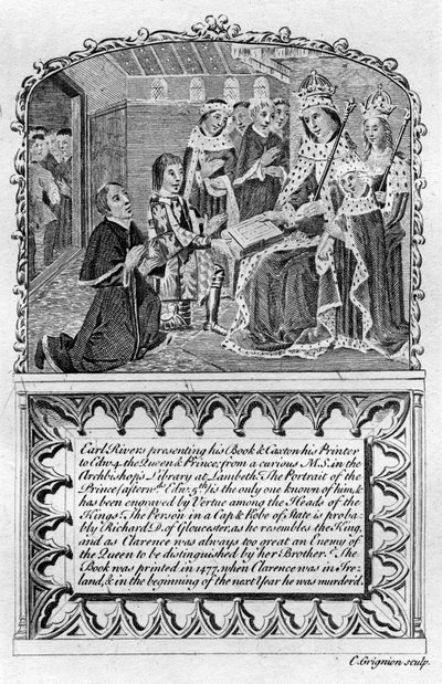Earl Rivers bemutatja könyvét IV. Edward királynak, 1477, 18. század végén vagy 19. század elején alkotó: Charles Grignion