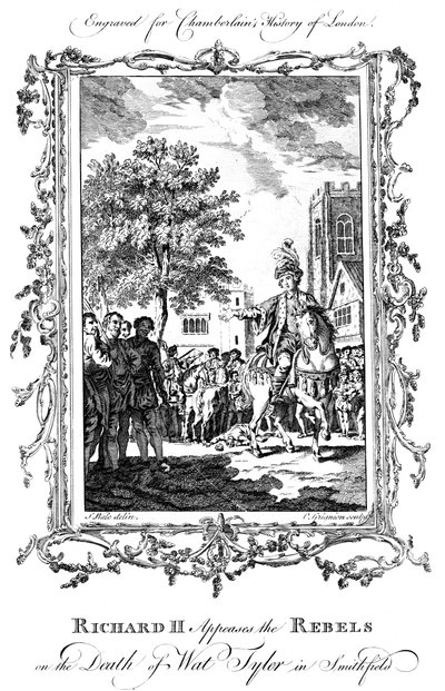 II. Richárd király megnyugtatja a lázadókat Wat Tyler halálakor, Smithfieldben, 19. század. alkotó: Charles Grignion