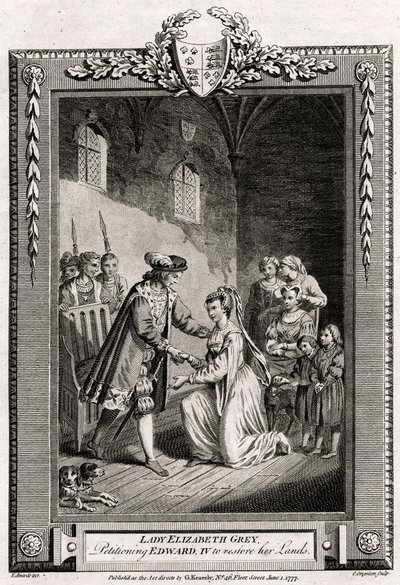 Lady Elizabeth Grey, IV. Edwardhoz kérve földjei helyreállítását, 15. század, 1777 alkotó: Charles Grignion